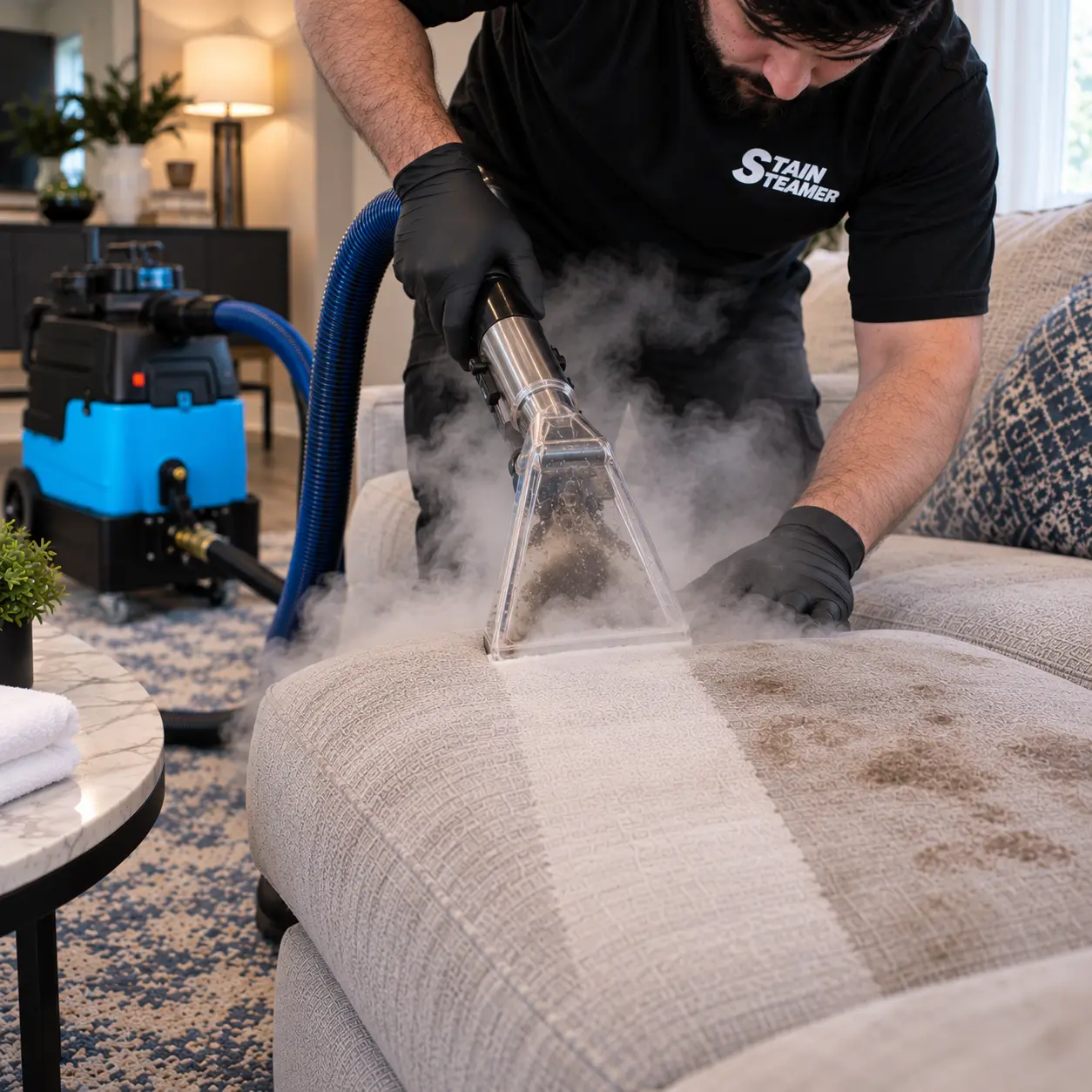Steam cleaning a couch with hot water extraction wand