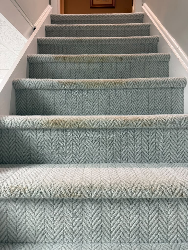 Patterned stair carpet with light and dark bands across the steps before cleaning