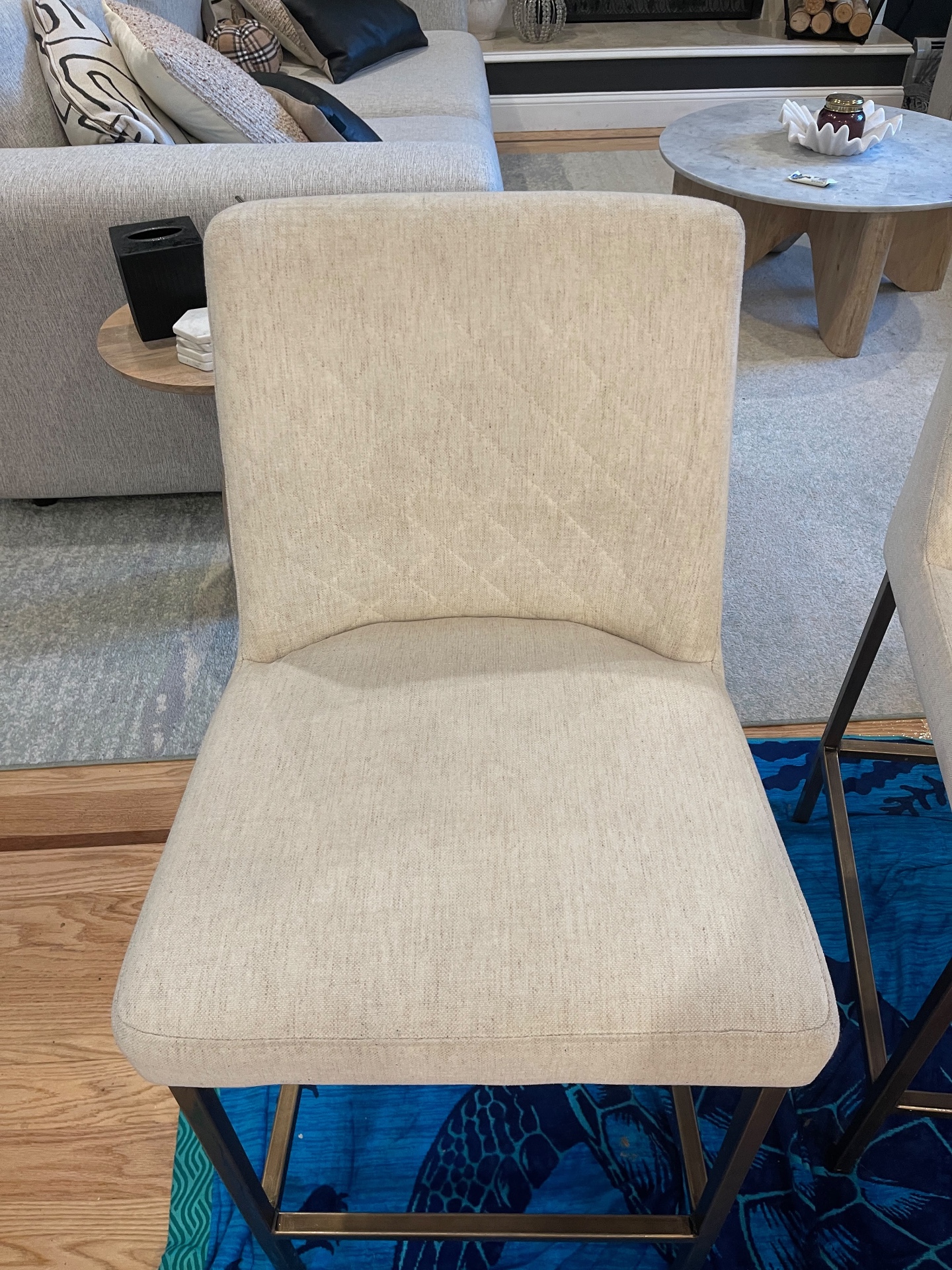 Same upholstered dining chair with a cleaner-looking seat after Stain Steamer cleaning