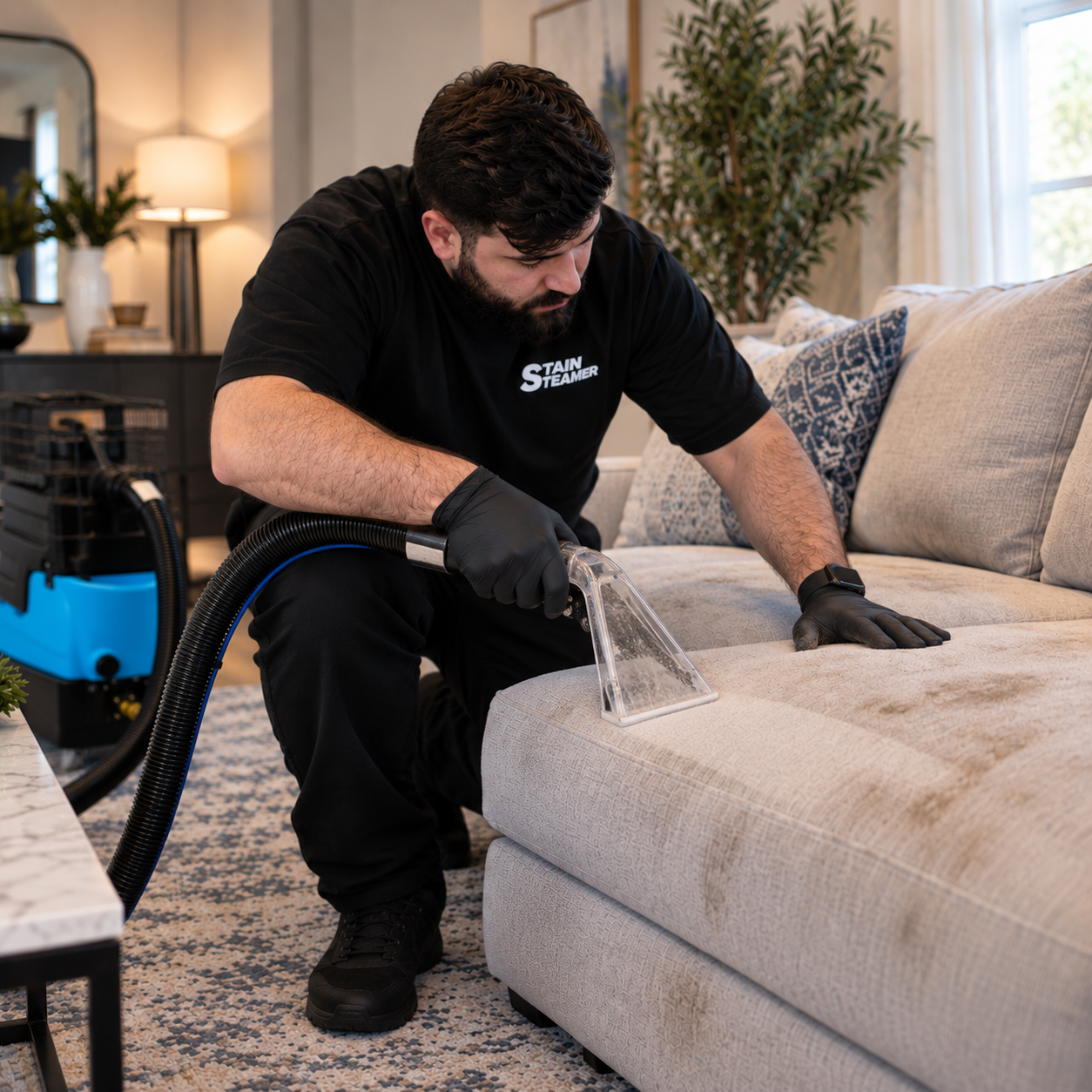 Pre-vacuuming a couch with commercial upholstery vacuum