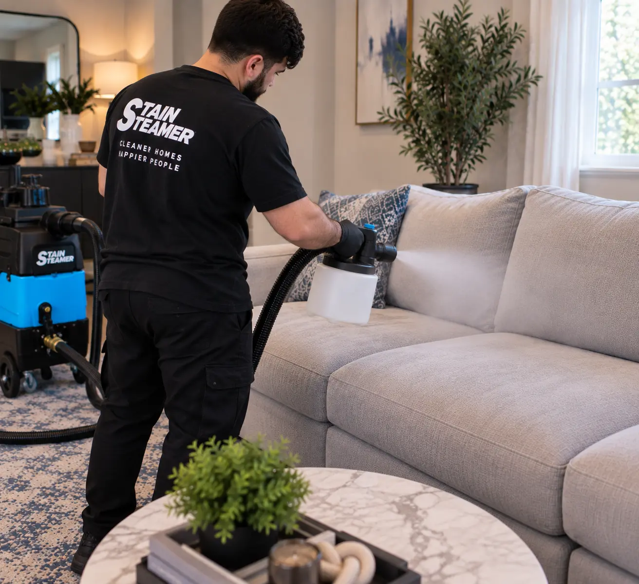 Enzyme odor treatment being applied to upholstery