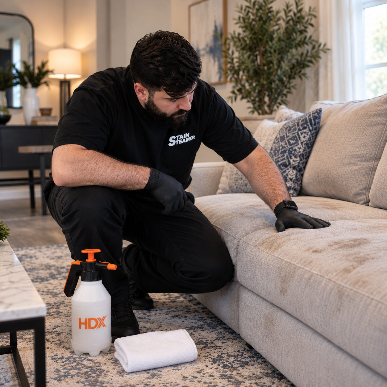 Technician inspecting and testing sofa fabric before cleaning
