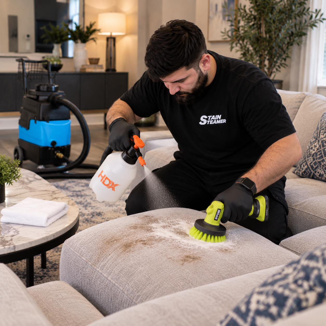 Applying and agitating cleaning shampoo into sofa fabric