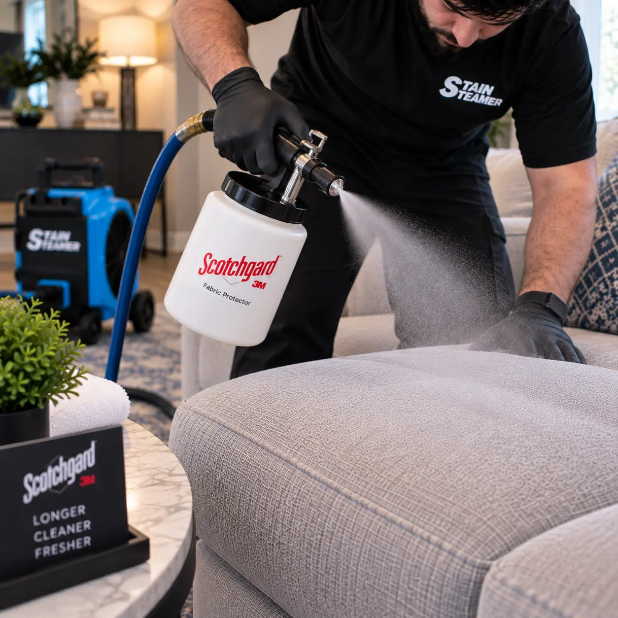 Applying Scotchgard fabric protector to a clean sofa