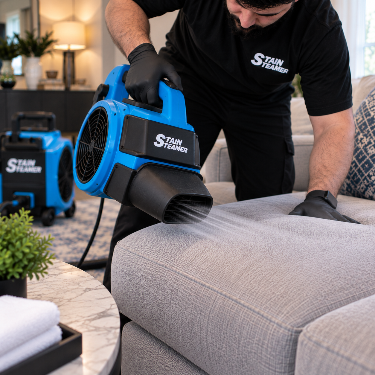 Air movers speed-drying a freshly cleaned carpet