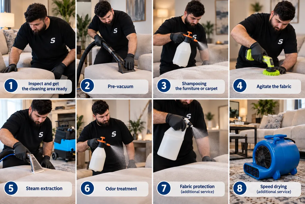 Stain Steamer 8-step cleaning process: inspect the cleaning area, pre-vacuum, shampooing, agitate the fabric, steam extraction, odor treatment, plus optional fabric protection and speed drying