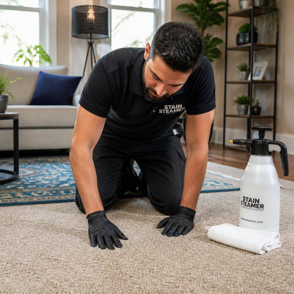 Technician inspecting carpet fibers before cleaning