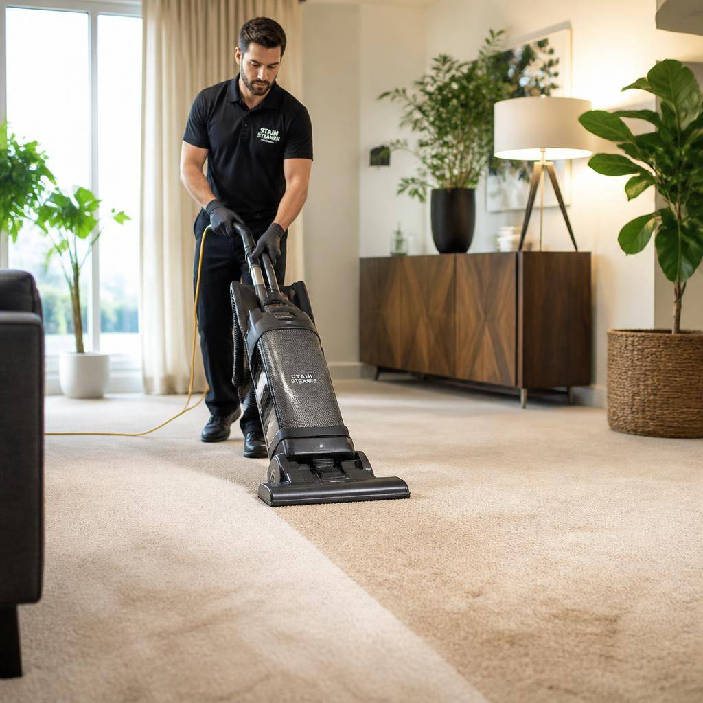 Pre-vacuuming wall-to-wall carpet with a commercial vacuum
