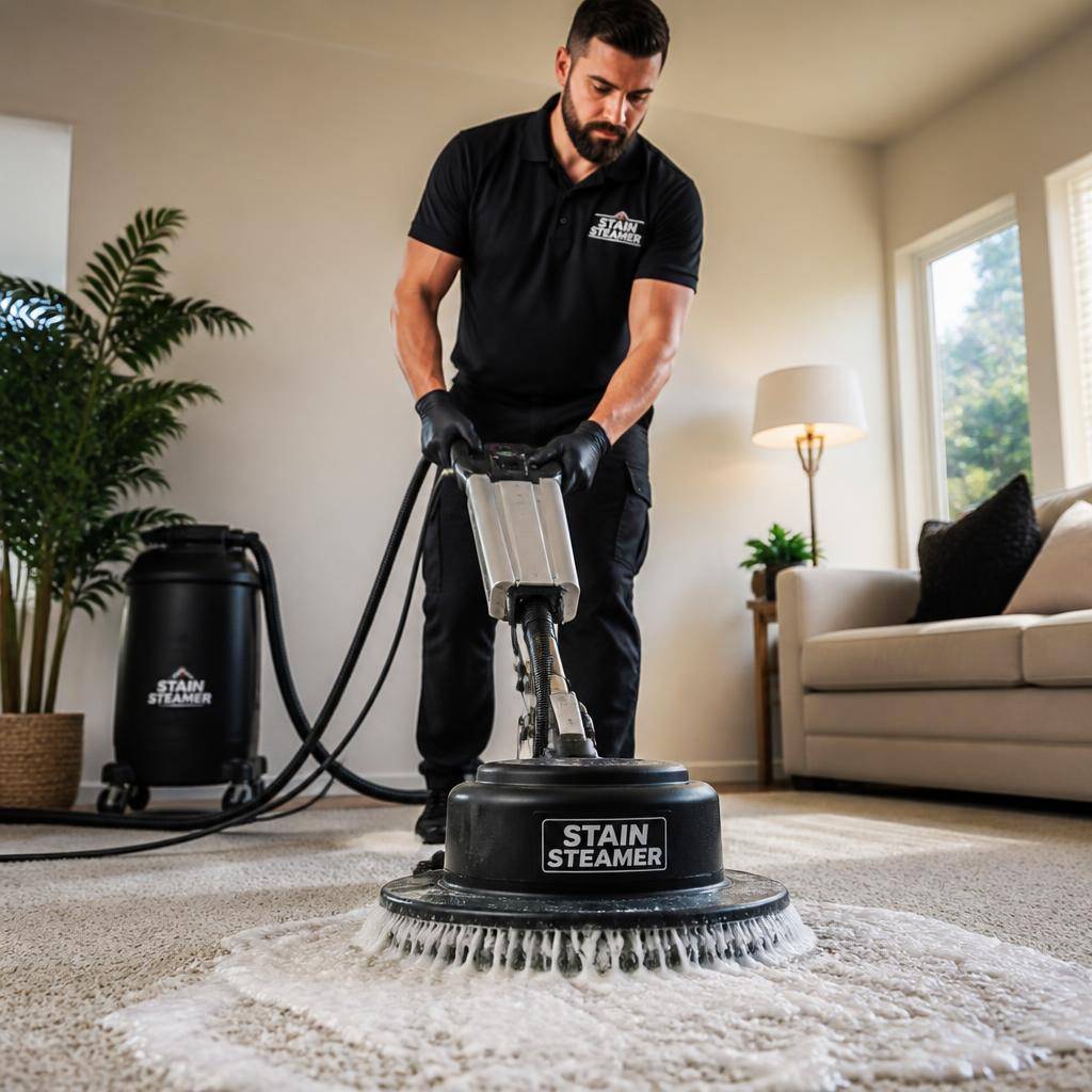 Agitating cleaning shampoo into carpet with a brush machine