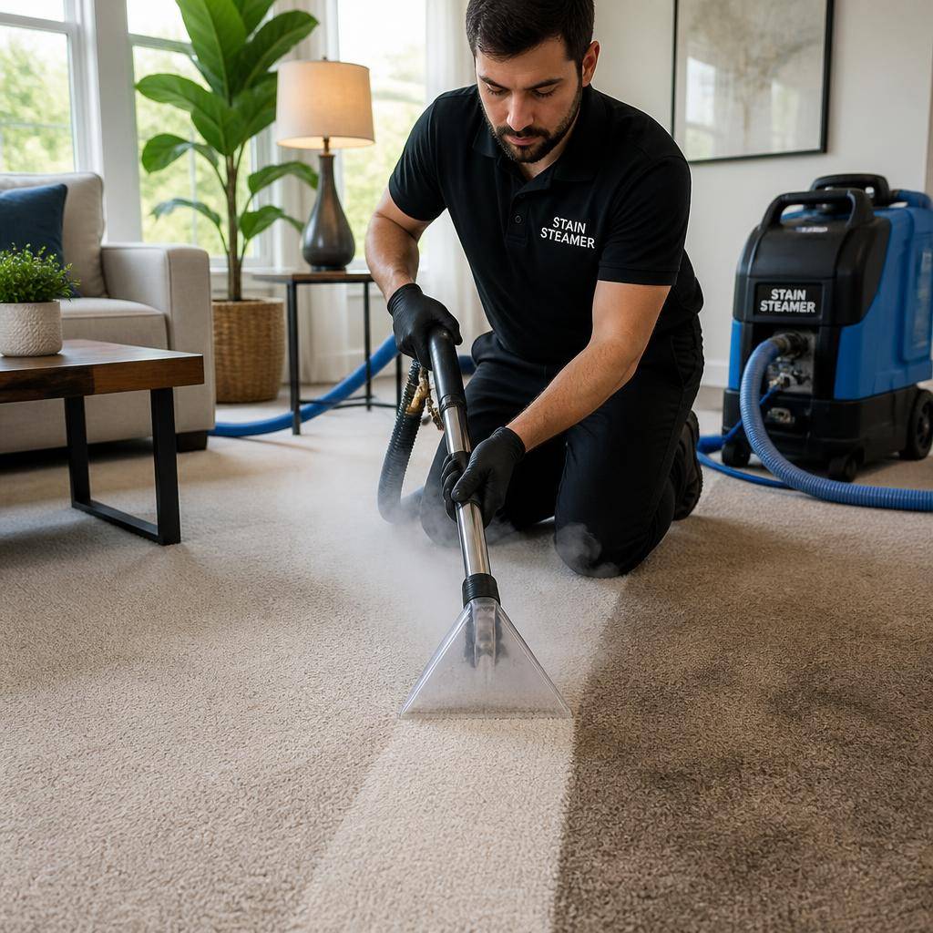 Stain Steamer technician steam cleaning commercial carpet with hot-water extraction equipment