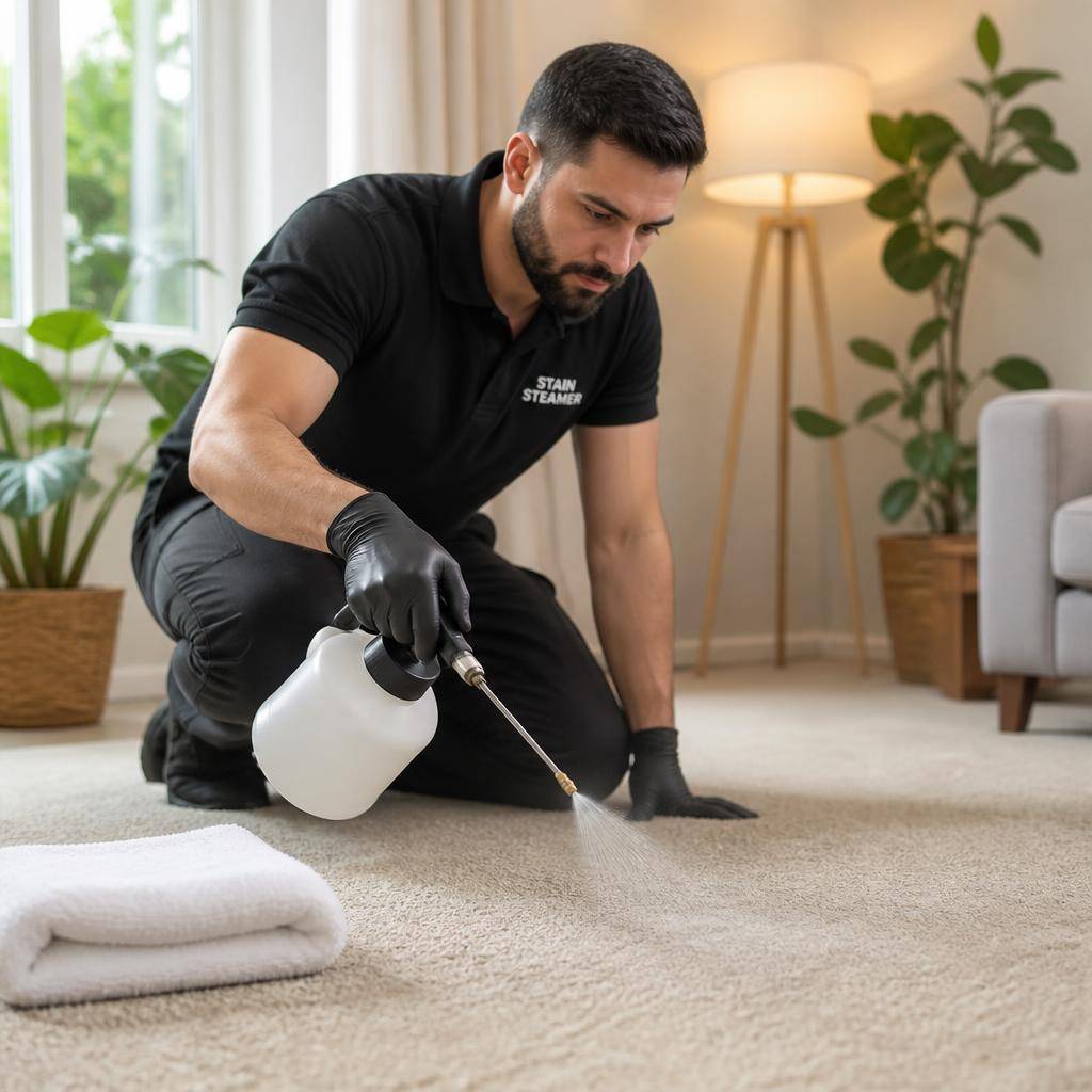 Enzyme odor treatment being sprayed onto carpet