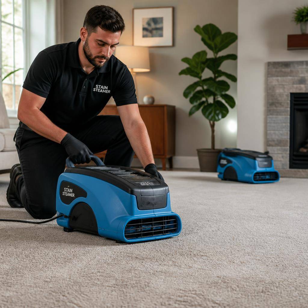 Air movers speed-drying a freshly cleaned carpet