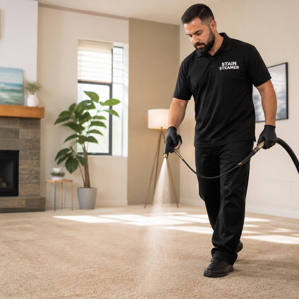 Applying Scotchgard protector to a clean carpet