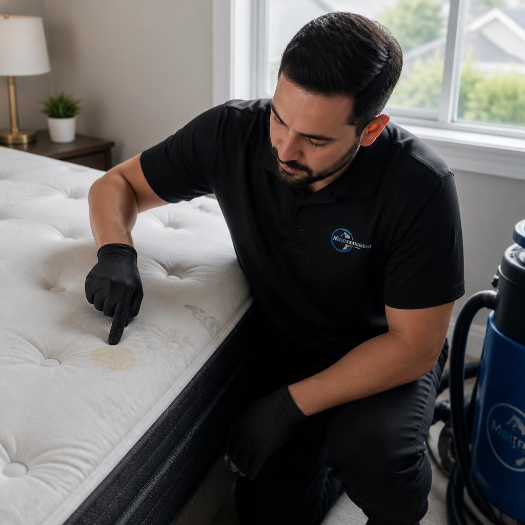 Technician inspecting and testing mattress fabric before cleaning