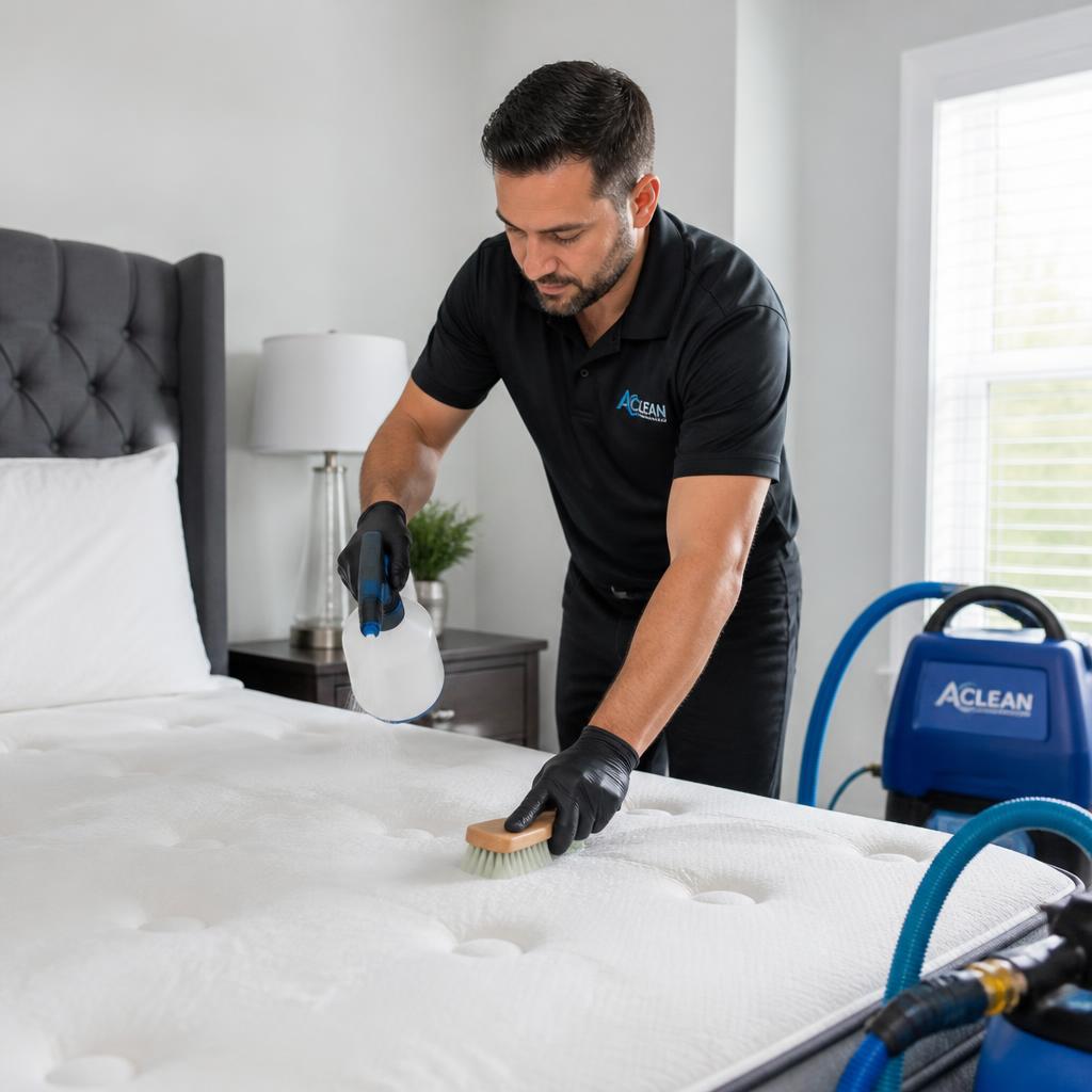 Applying and agitating cleaning shampoo into a mattress surface