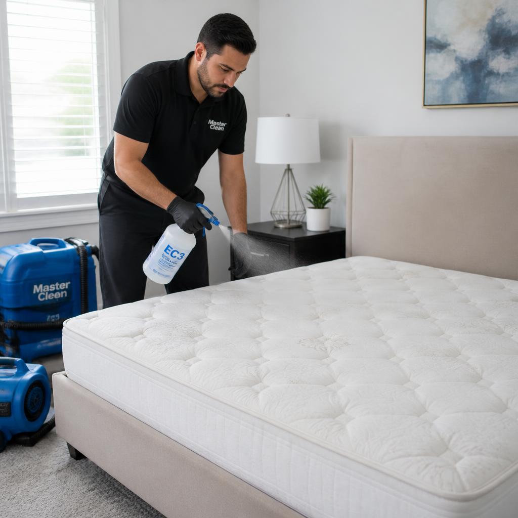 Enzyme odor treatment being applied to a mattress