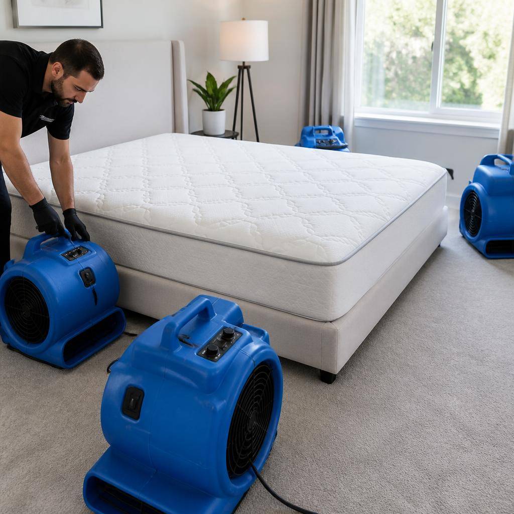 Air movers speed-drying a freshly cleaned mattress