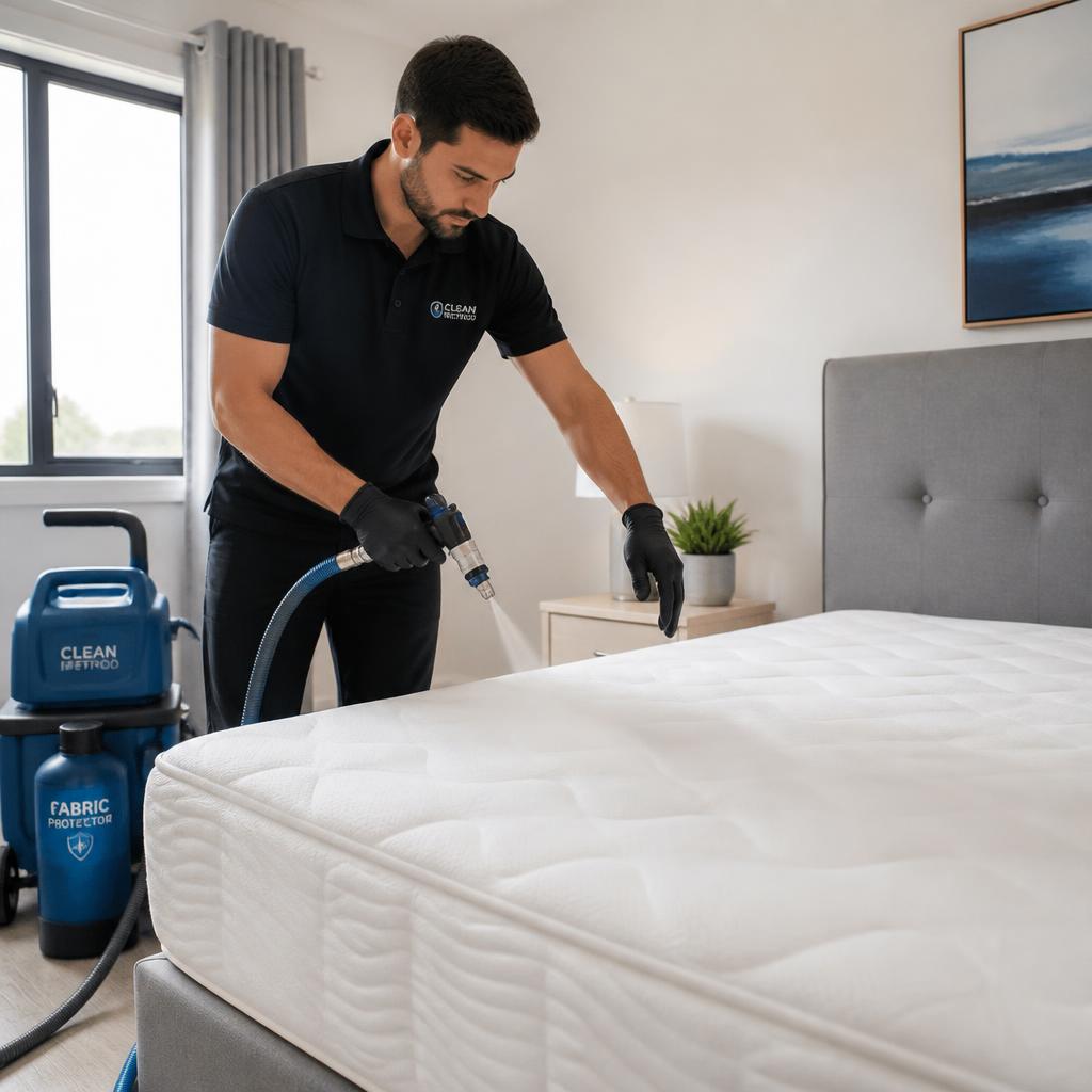Applying Scotchgard fabric protector to a clean mattress