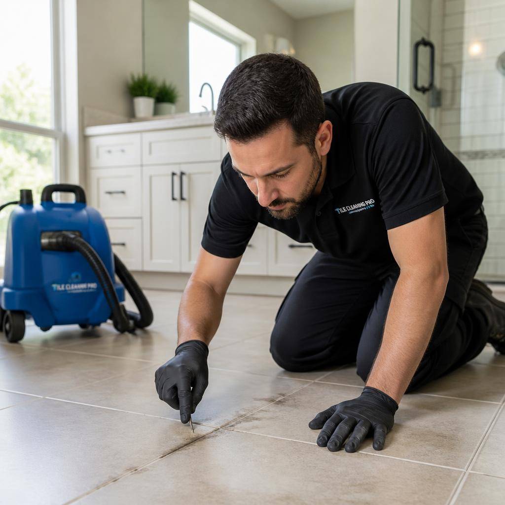 Technician inspecting tile and grout lines before cleaning