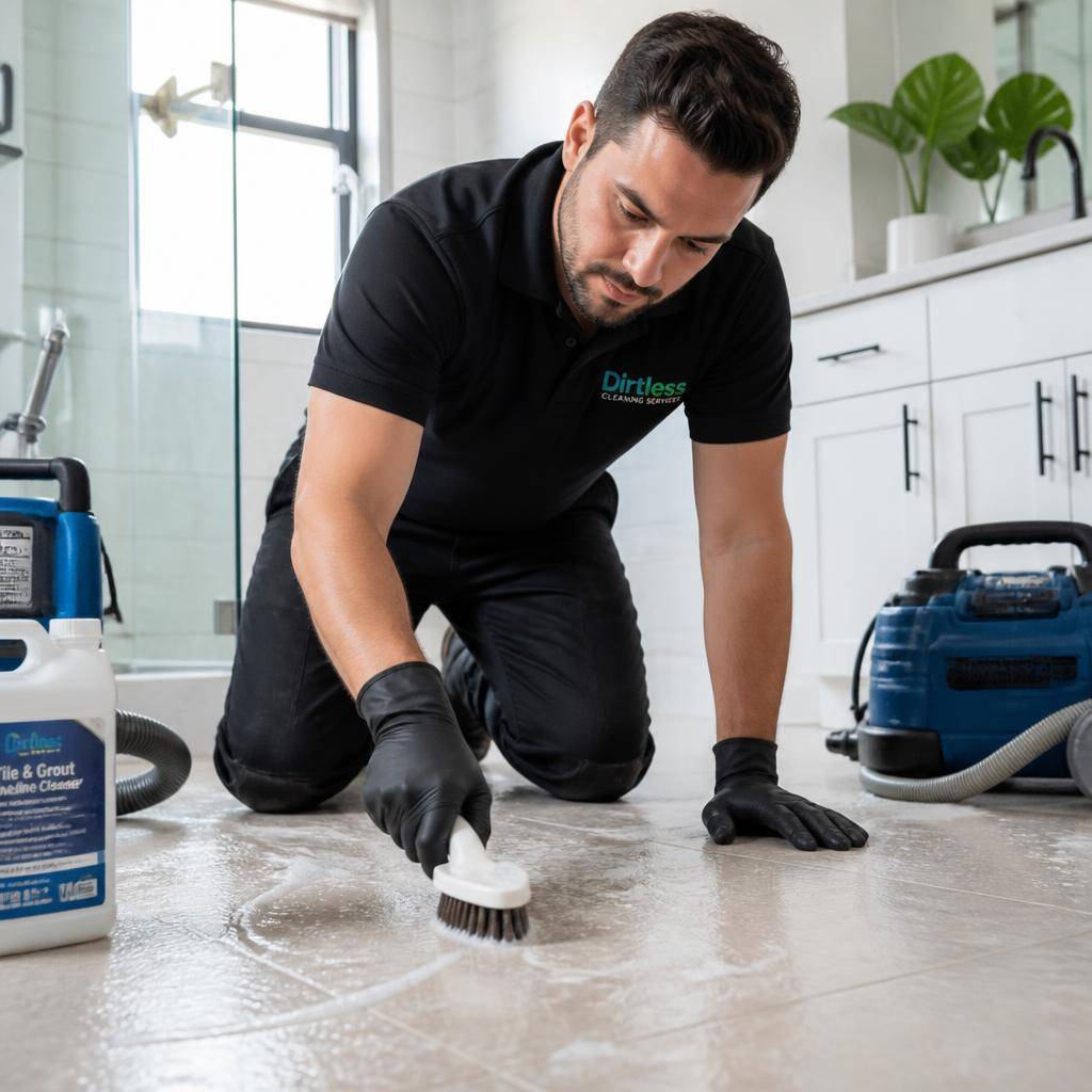 Applying and scrubbing tile and grout cleaner into grout lines