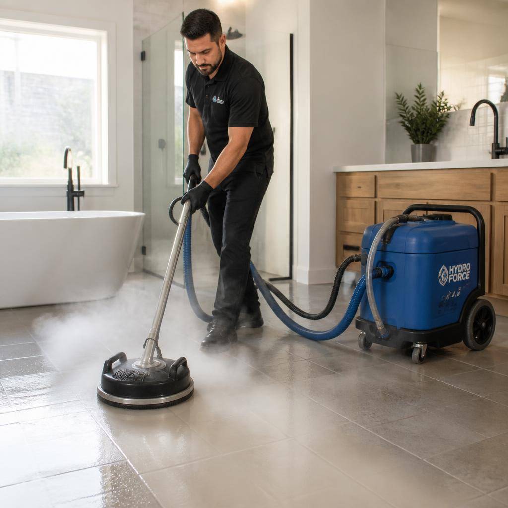 Steam cleaning a tile floor with a high-pressure extraction tool