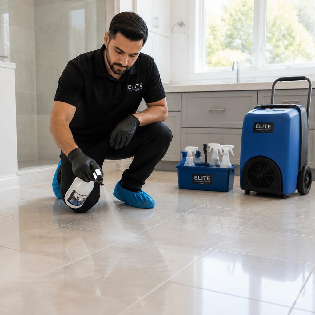 Neutralizing odor treatment being applied to a clean tile floor