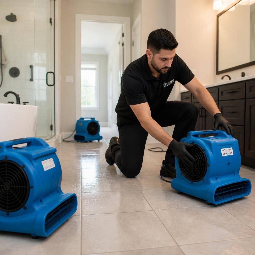 Air movers speed-drying a freshly cleaned tile floor