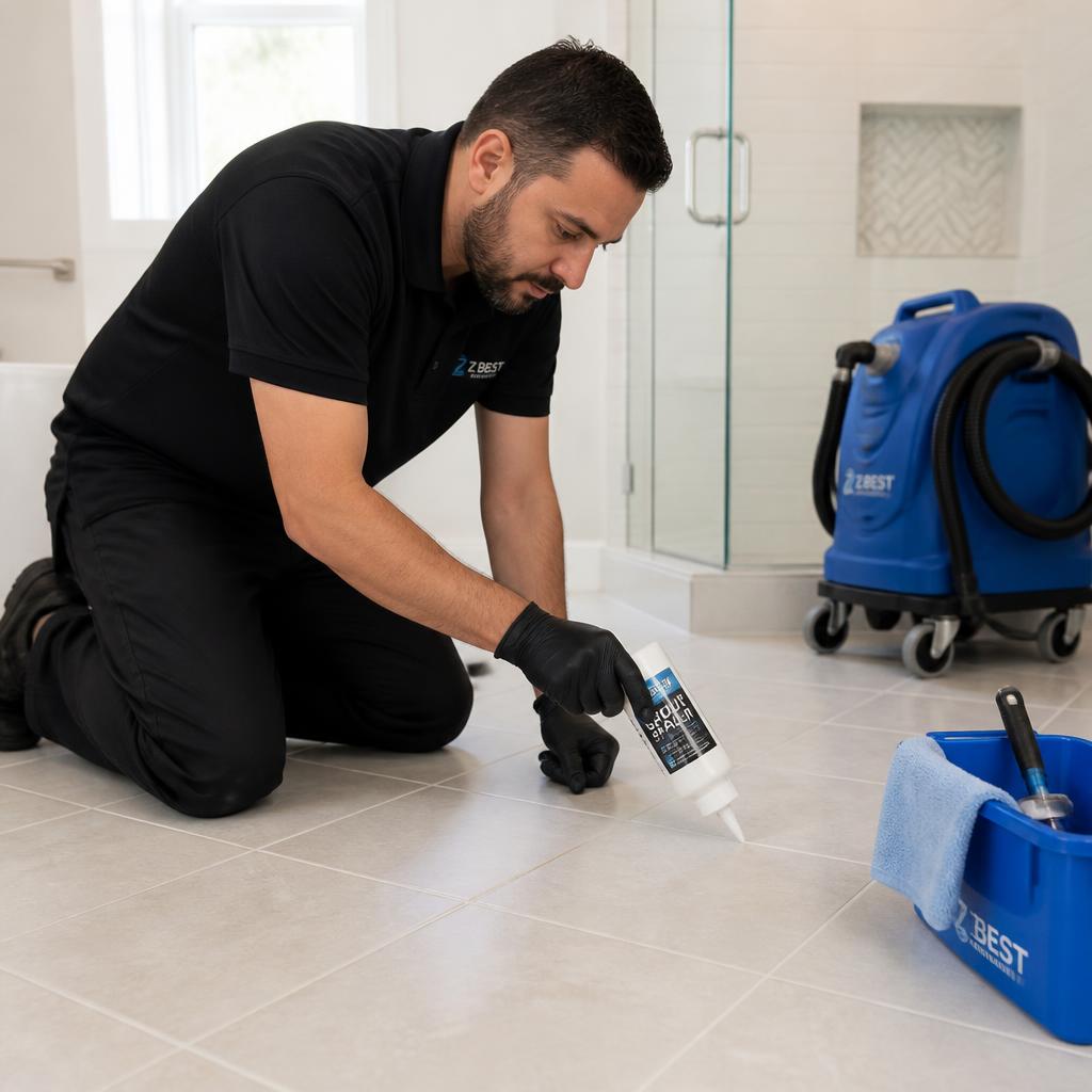 Applying clear grout sealer to clean tile grout lines