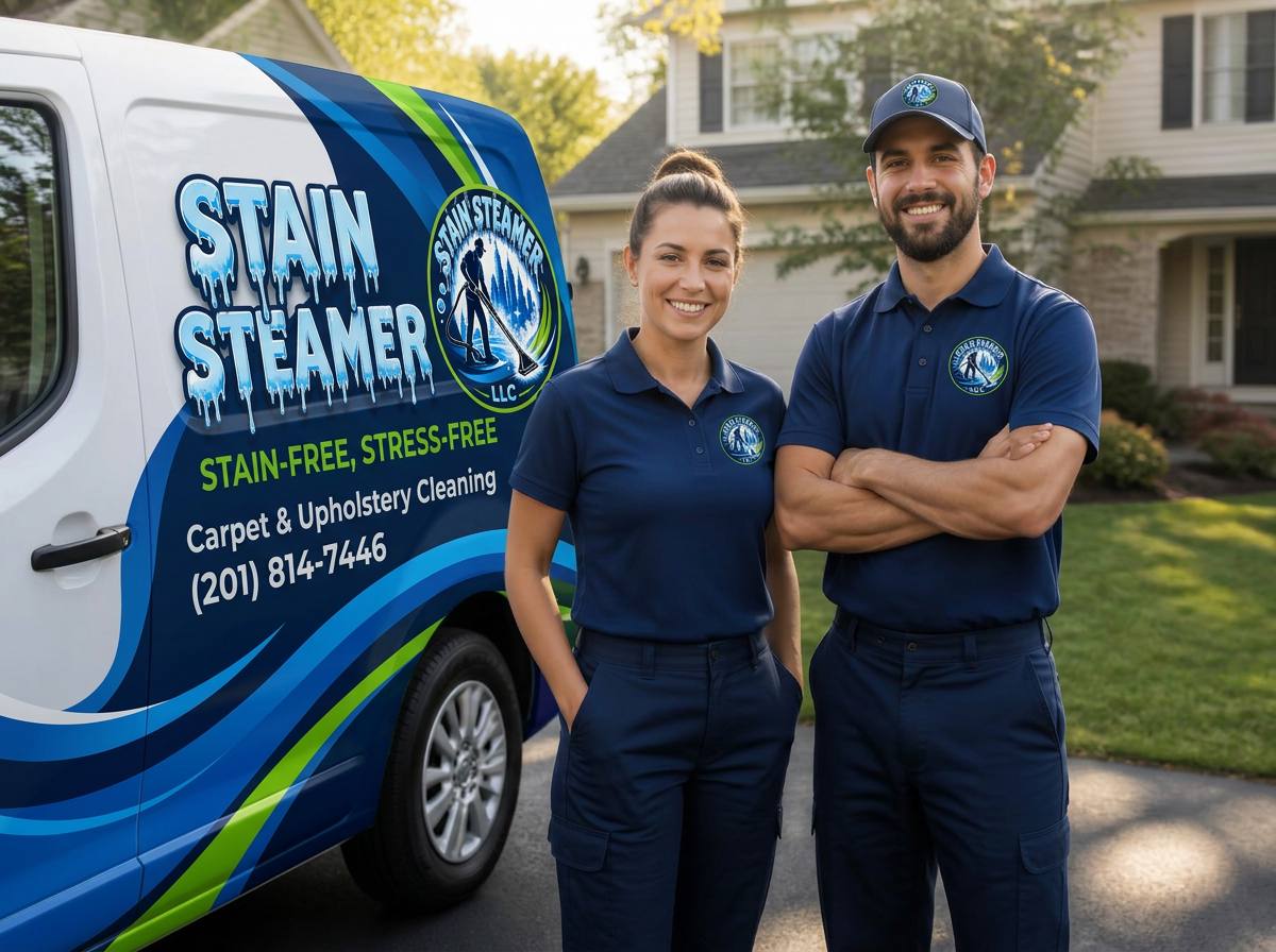 Stain Steamer service van wrapped in navy and blue branding with the company logo, parked at a client's home